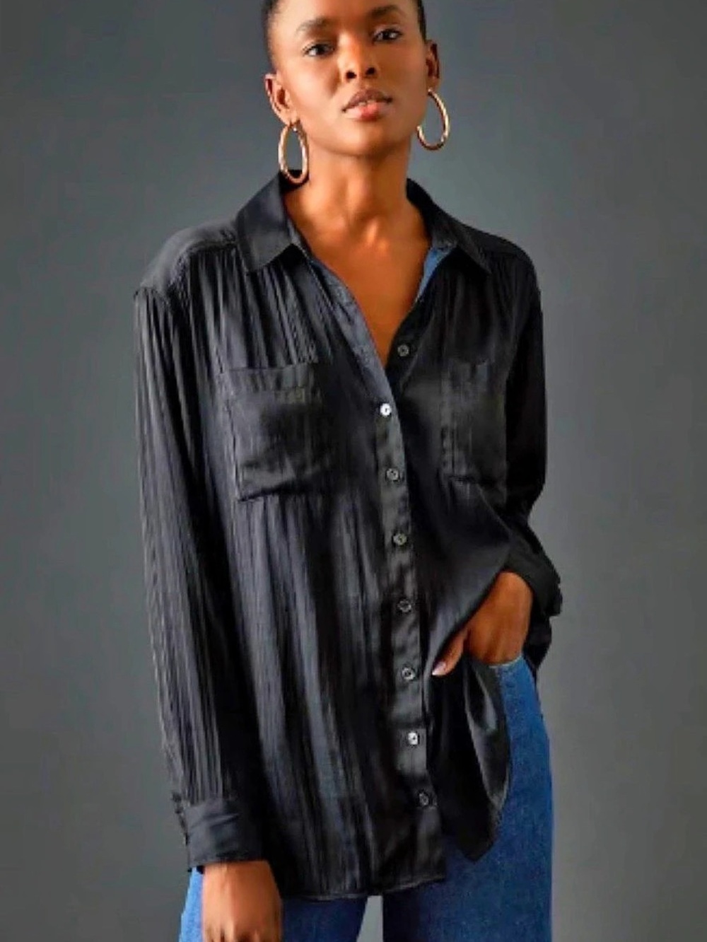 Anthropologie Pleated Button Down Shirt in Black Size 2X